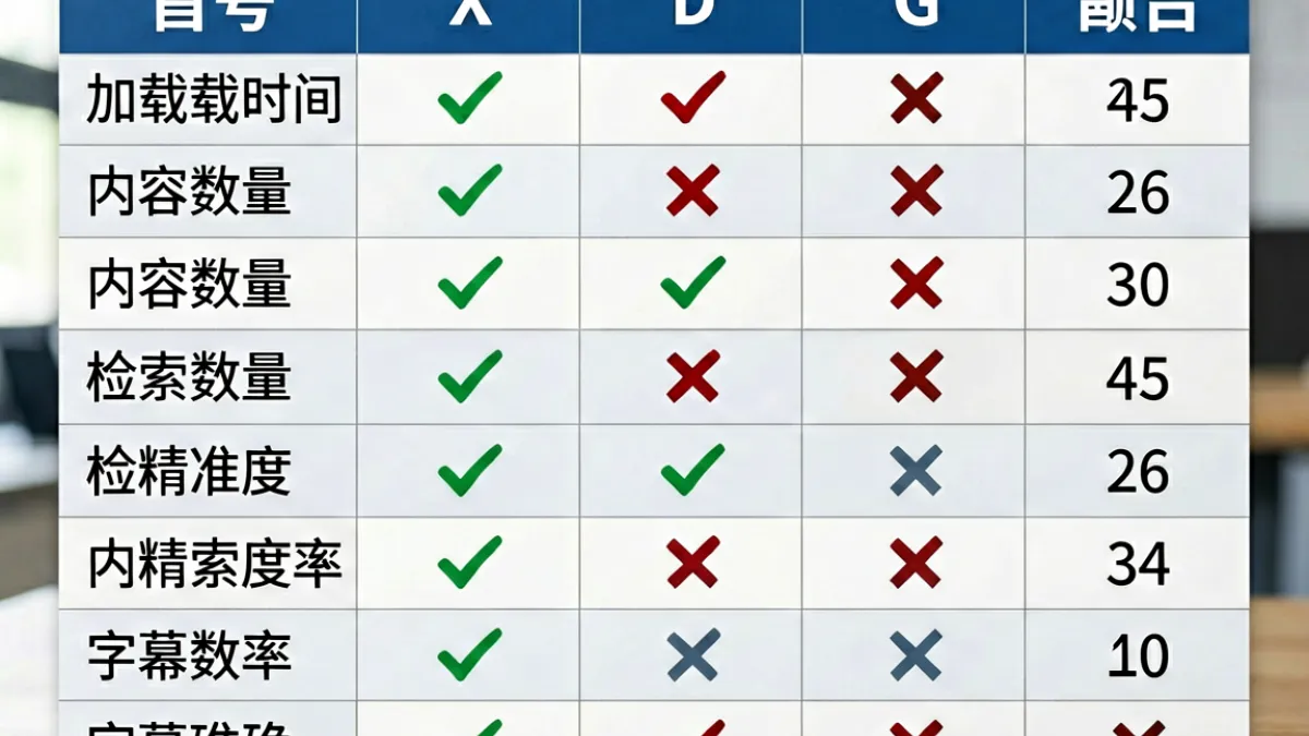 黄瓜视频与同类视频平台功能对比表格截图，涵盖画质清晰度、检索效率与内容更新频次三个维度